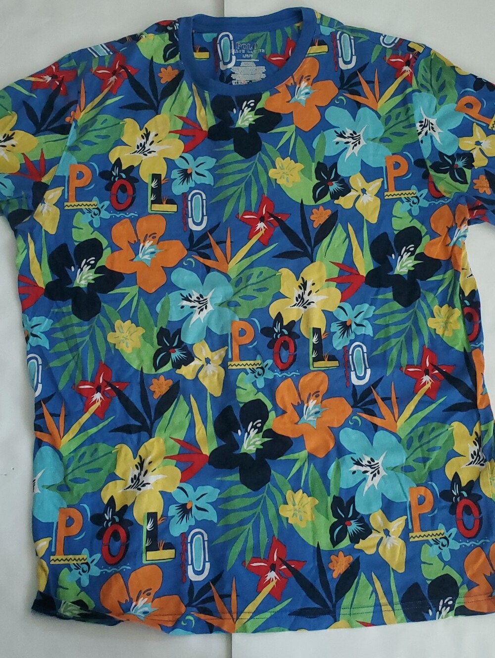 Polo Ralph Lauren T-Shirt Mens L Large Tropical Floral Spellout Logo Hawaiian